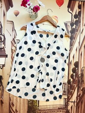 LOFT White & Navy Polka Dot Sleeveless V-Neck Ruffle Blouse
